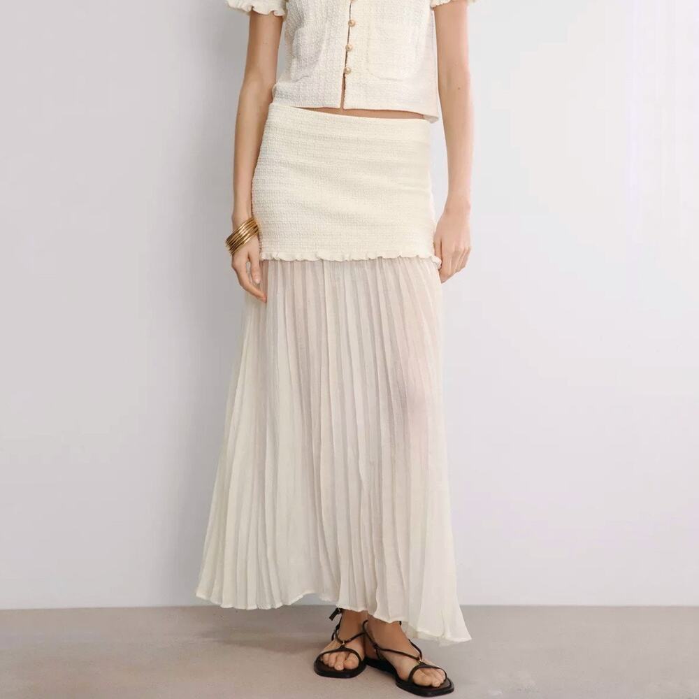 Zara Oyster White Contrast Knit Pleated Maxi Skirt Sz M